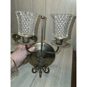 Vtg Pair Of Double Brass Wall Scones Candleholders Flower Centers USA Made